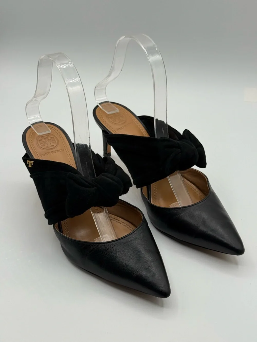 Tory Burch Eleanor Black Leather Pointed Toe Mule Heels w/ Velvet Bow Size 7